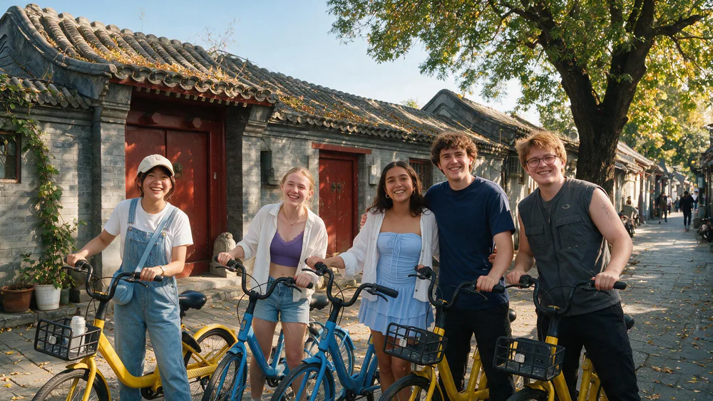 Travelers cycling together through a Beijing hutong