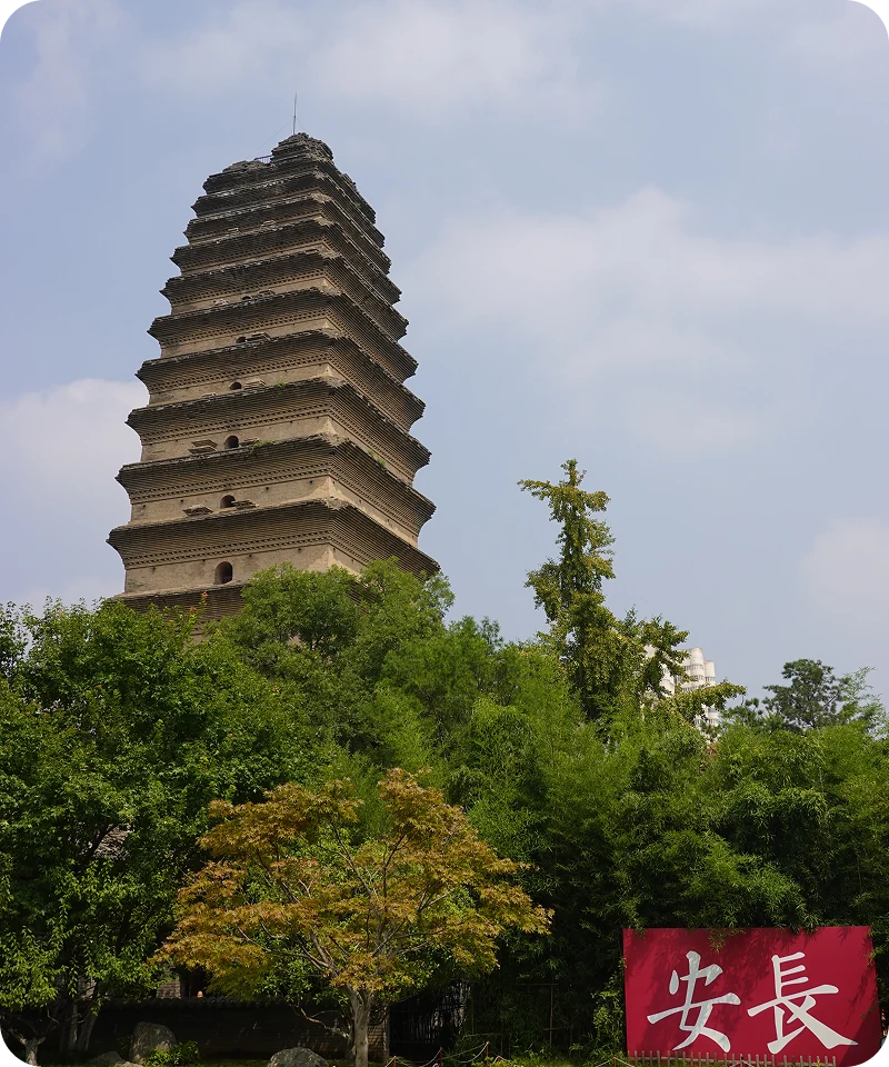 An ancient pagoda rising above green trees